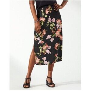 Tommy Bahama Floral Midi Maxi Skirt sz Med Side Slits Black Pink Elastic Waist